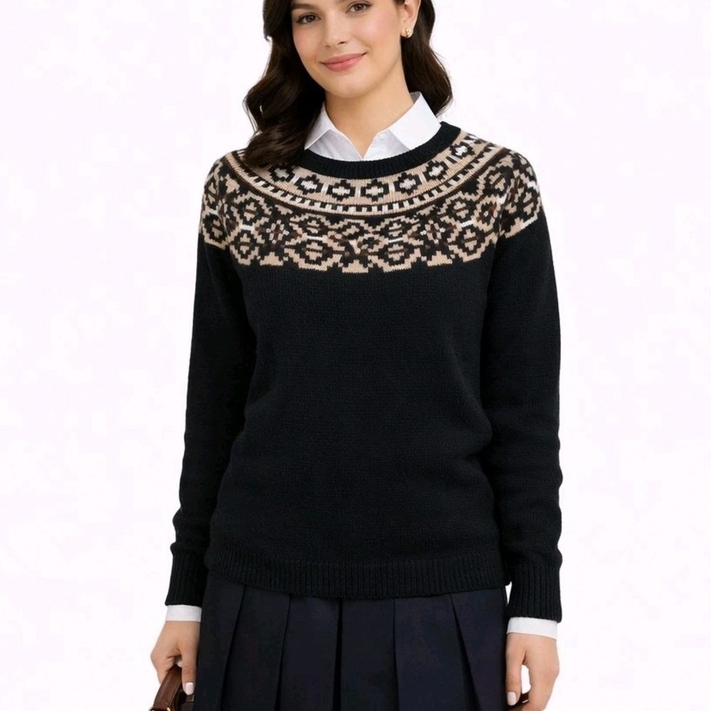 TALBOTS Size Small Black Gold Metallic Fair Isle‎ Cotton Blend Holiday Sweater